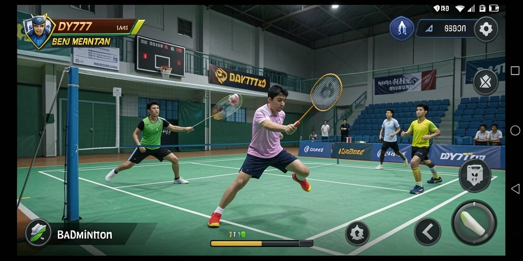 Tampilan antarmuka permainan Badminton DY777 yang menarik.
